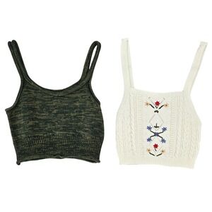 Cider Womens MEDIUM (Set of 2) Cream Floral & Green Marbled Knit Crop Tank Top